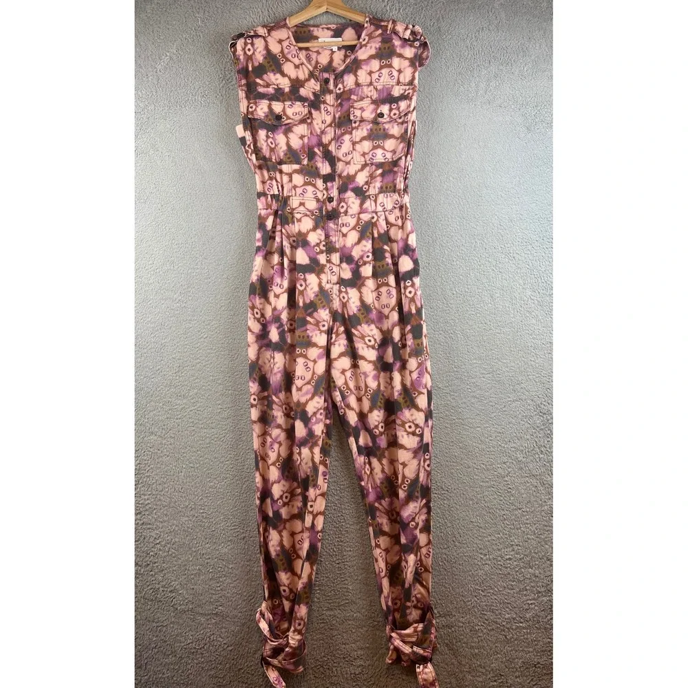 Anthropologie Maeve Purple Abstract Floral Cutout Back Ankle Tie Jumpsuit S - Picture 3 of 14